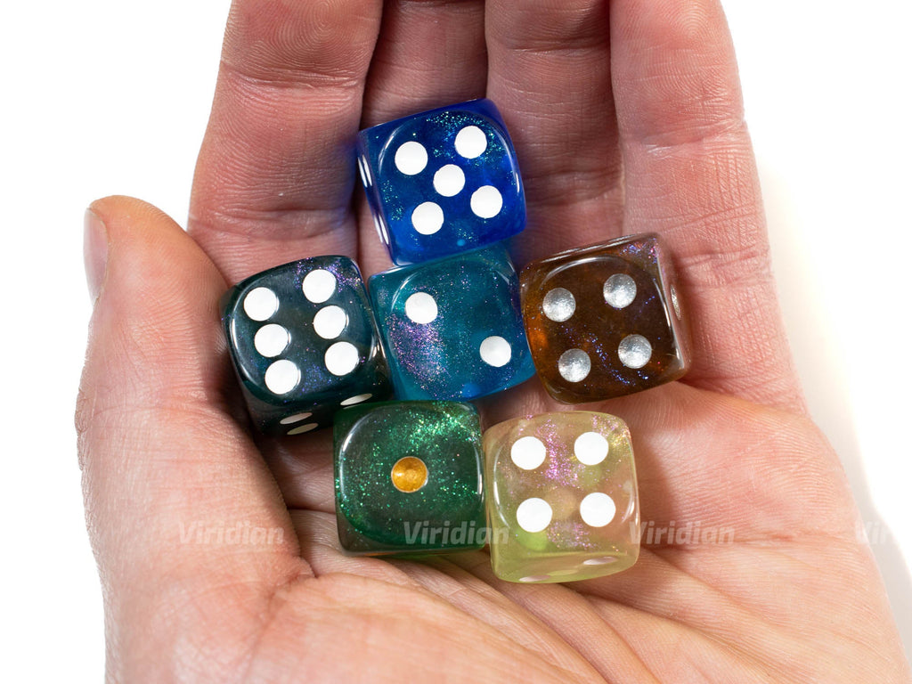 Pipped D6&#39;s | Glittery Set of (6) D6s | Green Blue Brown Applesause Teal Aqua