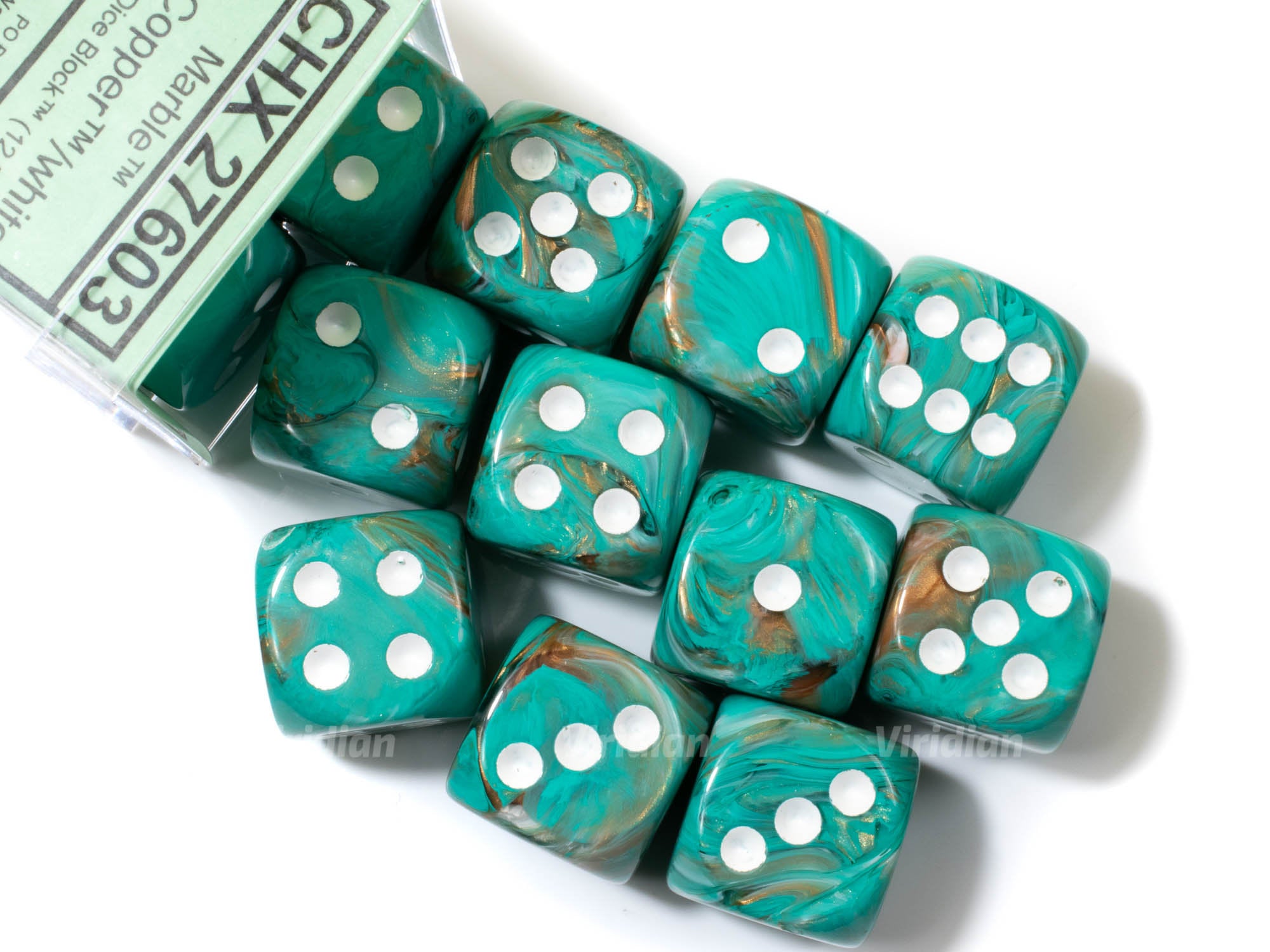 Marble Oxi-Copper & White | Green, Brown | D6 Block | Chessex Dice (12)