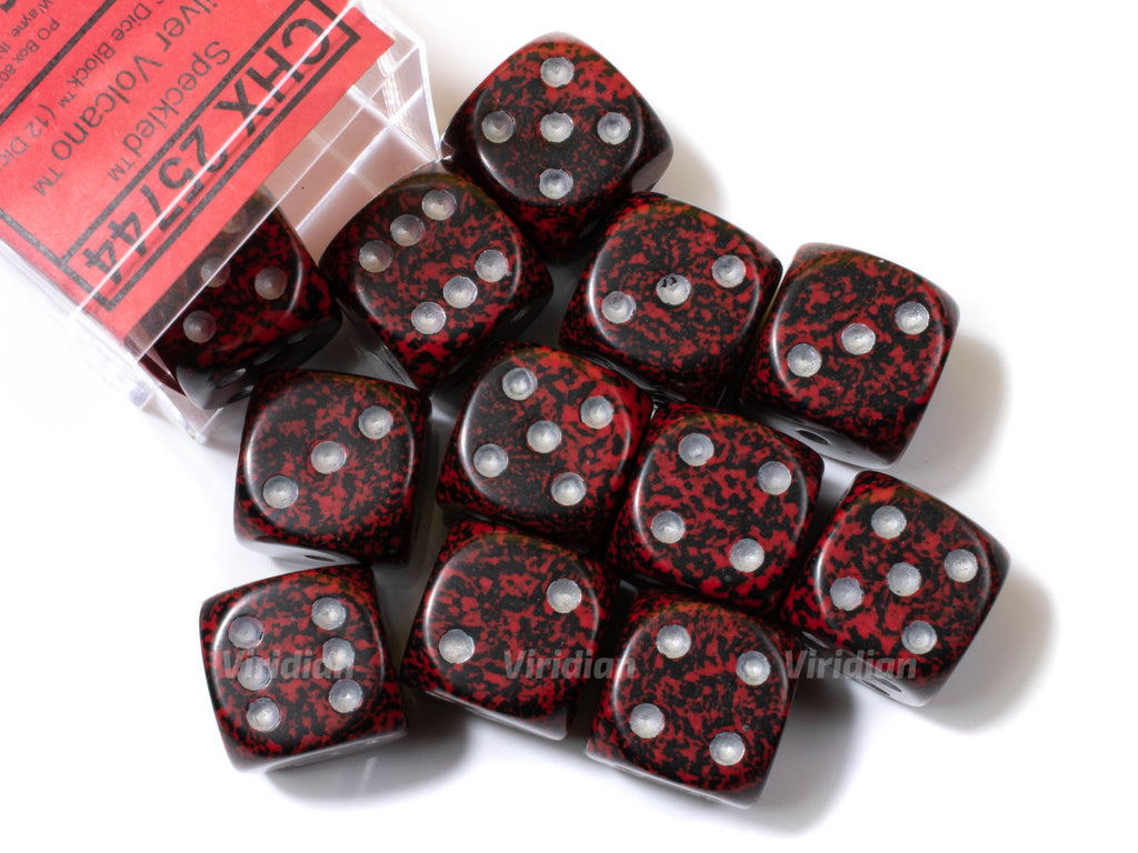 Speckled Silver Volcano | Black & Red | Chessex 16mm d6 Dice Block (12)