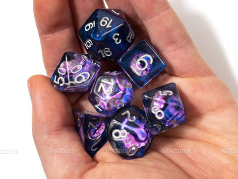 All-Seeing Eye | Purple and Blue Demonic Eye, Clear Translucent Resin Dice Set (7)