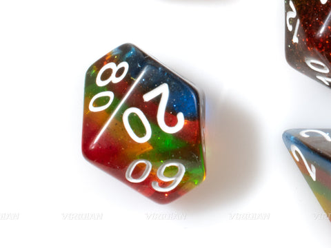 Rainbow Sparkles | Red, Yellow, Green and Blue Glittery Layered Acrylic Dice Set (7) | Dungeons and Dragons (DnD)