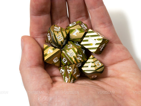 Bumblebee | Gold, Yellow Striped w White Ink Metal Dice Set (7) | Dungeons and Dragons (DnD) | Tabletop RPG Gaming