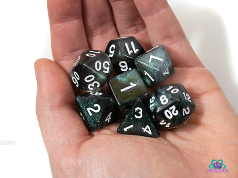 Emerald Aurora (White) | Deep Green & Black Glitter Acrylic Dice Set (7) | Dungeons and Dragons (DnD)