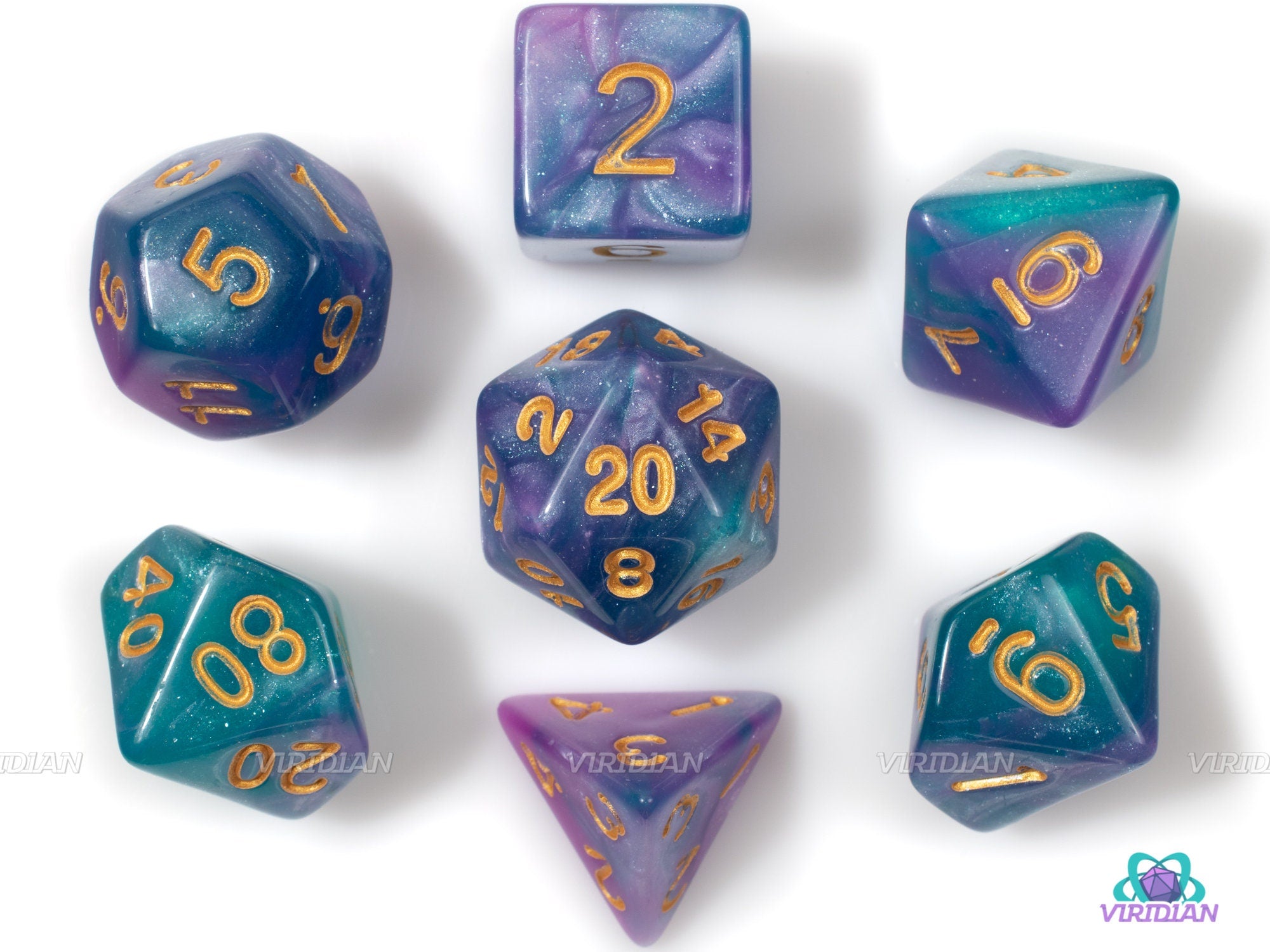 Fairy Dragon | Teal, Blue and Purple Glitter Acrylic Dice Set (7) | Dungeons and Dragons (DnD)