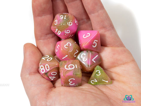 Apple Taffy | Pink & Yellow Swirled Glitter Acrylic Dice Set (7) | Dungeons and Dragons (DnD)