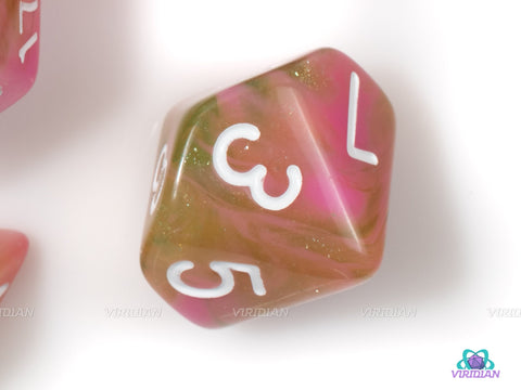 Apple Taffy | Pink & Yellow Swirled Glitter Acrylic Dice Set (7) | Dungeons and Dragons (DnD)