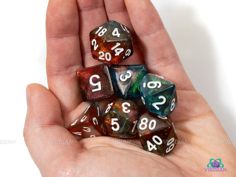 Cinderhild | Orange and Blue Glitter Acrylic Dice Set (7) | Dungeons and Dragons (DnD)