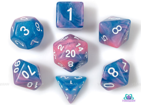 Miami Vice | Pink and Blue Swirled Glitter Acrylic Dice Set (7) | Dungeons and Dragons (DnD)