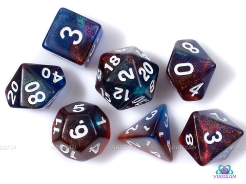 Cosmo Canyon | Orange, Blue Glitter Acrylic Dice Set (7) | Dungeons and Dragons (DnD)