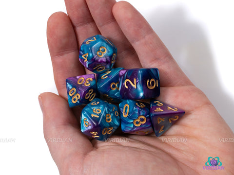 Arcane Weave | Cyan, Violet Swirled Acrylic Dice Set (7) | Dungeons and Dragons (DnD)