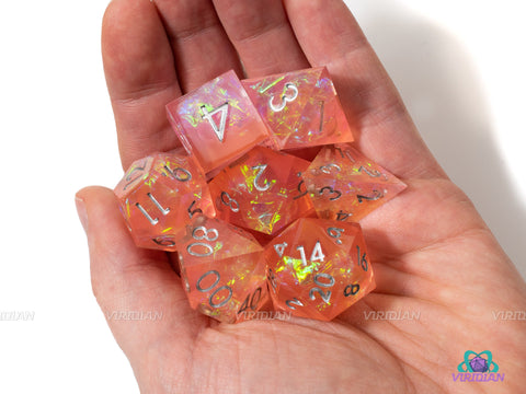 Peach Shimmer | Sharp-Edged with Holographic Film | Pink & Orange Translucent, Glittery Resin Dice Set (7)