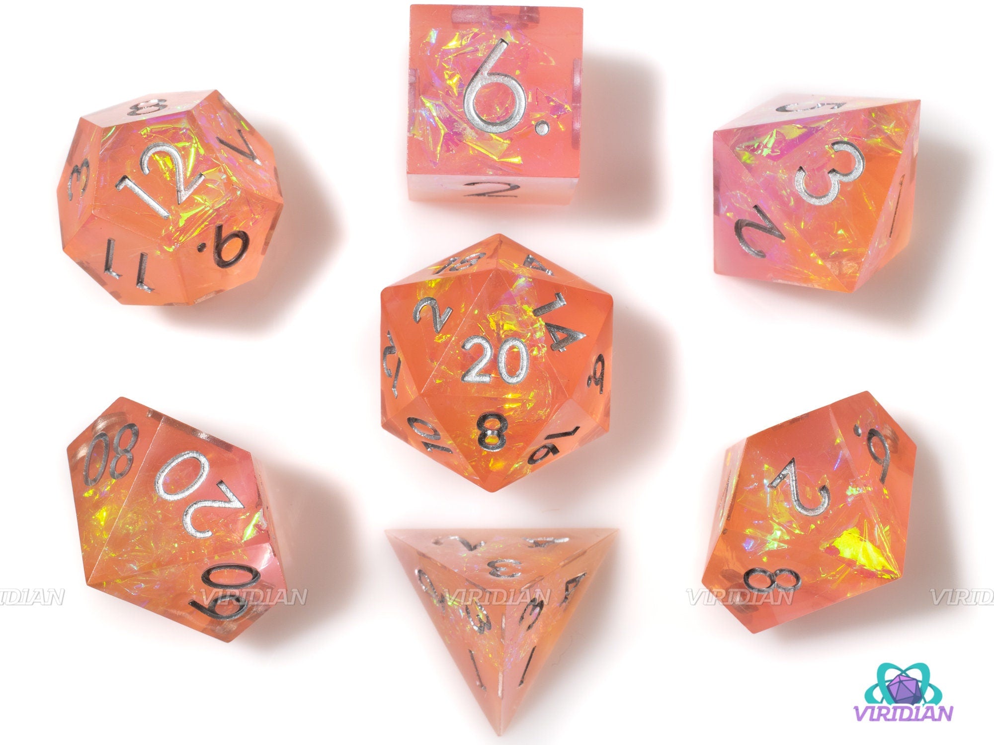 Peach Shimmer | Sharp-Edged with Holographic Film | Pink & Orange Translucent, Glittery Resin Dice Set (7)