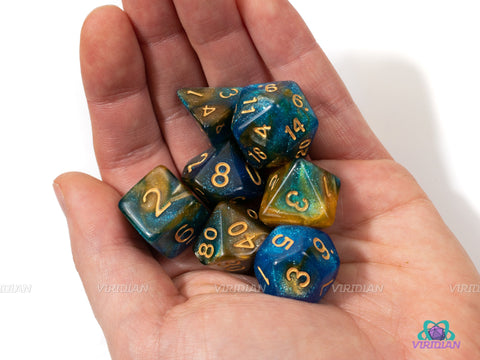 River at Dusk | Blue and Yellow Glitter Acrylic Dice Set (7) | Dungeons and Dragons (DnD)