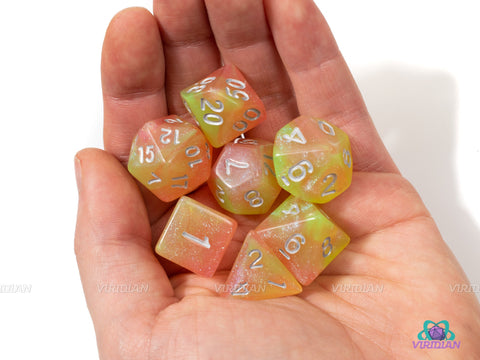 Morning Light | Yellow, Orange Glittery Acrylic Dice Set (7) | Dungeons and Dragons (DnD)