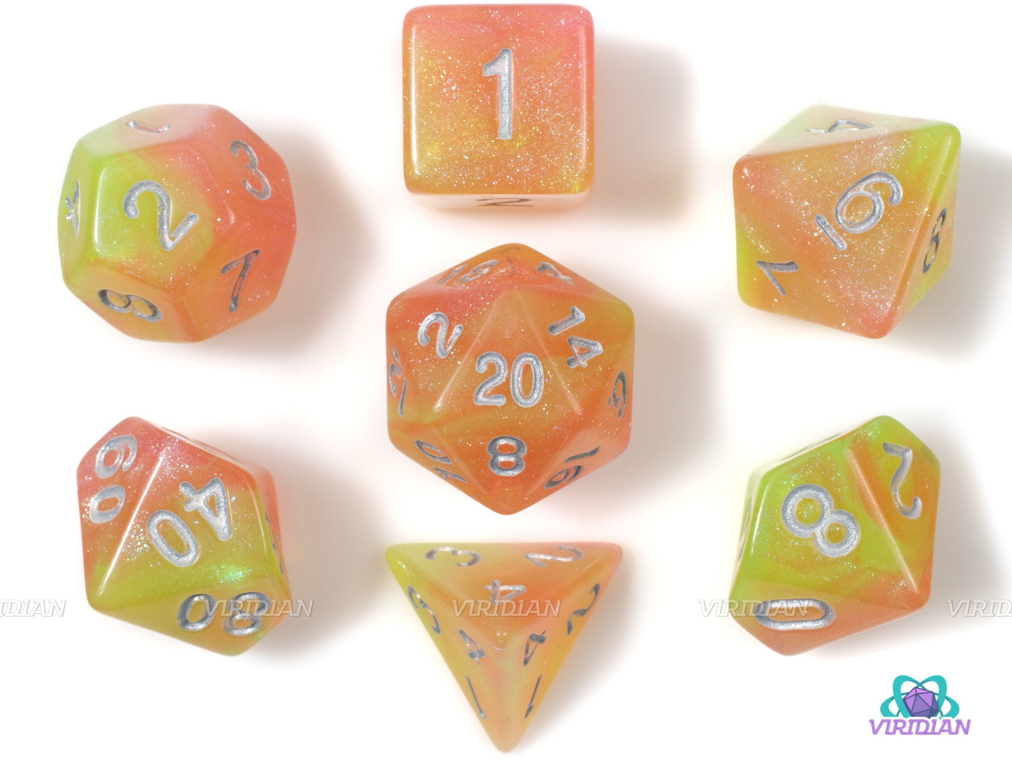 Morning Light | Yellow, Orange Glittery Acrylic Dice Set (7) | Dungeons and Dragons (DnD)