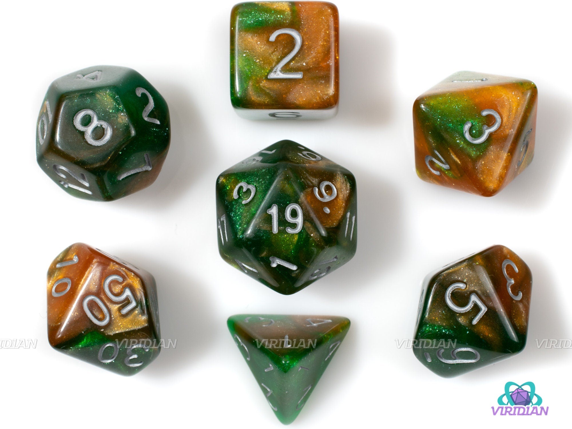 Contagion | Orange & Green Glitter Acrylic Dice Set (7) | Dungeons and Dragons (DnD)
