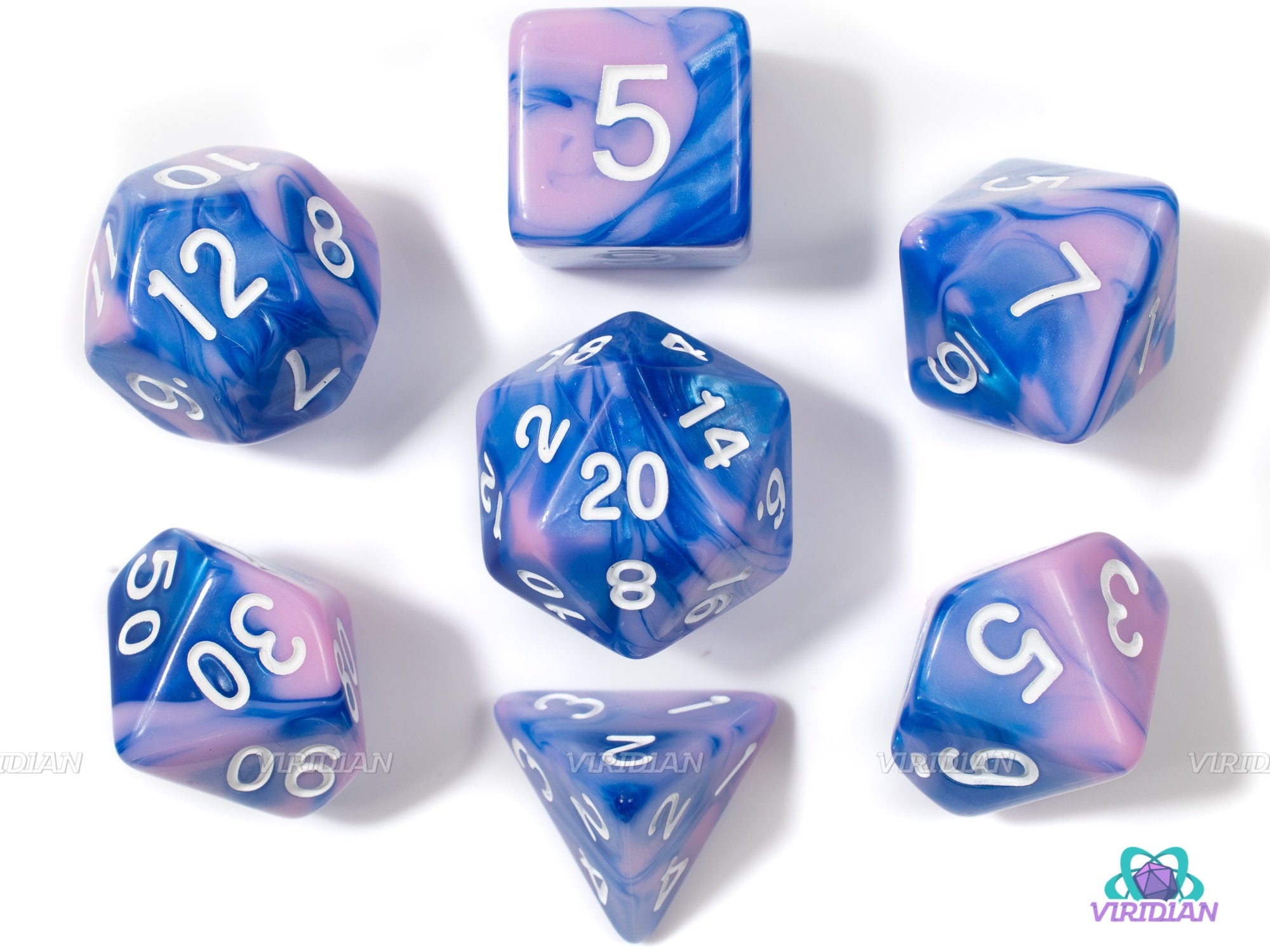 Cotton Candy | Blue & Pink Swirl Acrylic Dice Set (7) | Dungeons and Dragons (DnD)