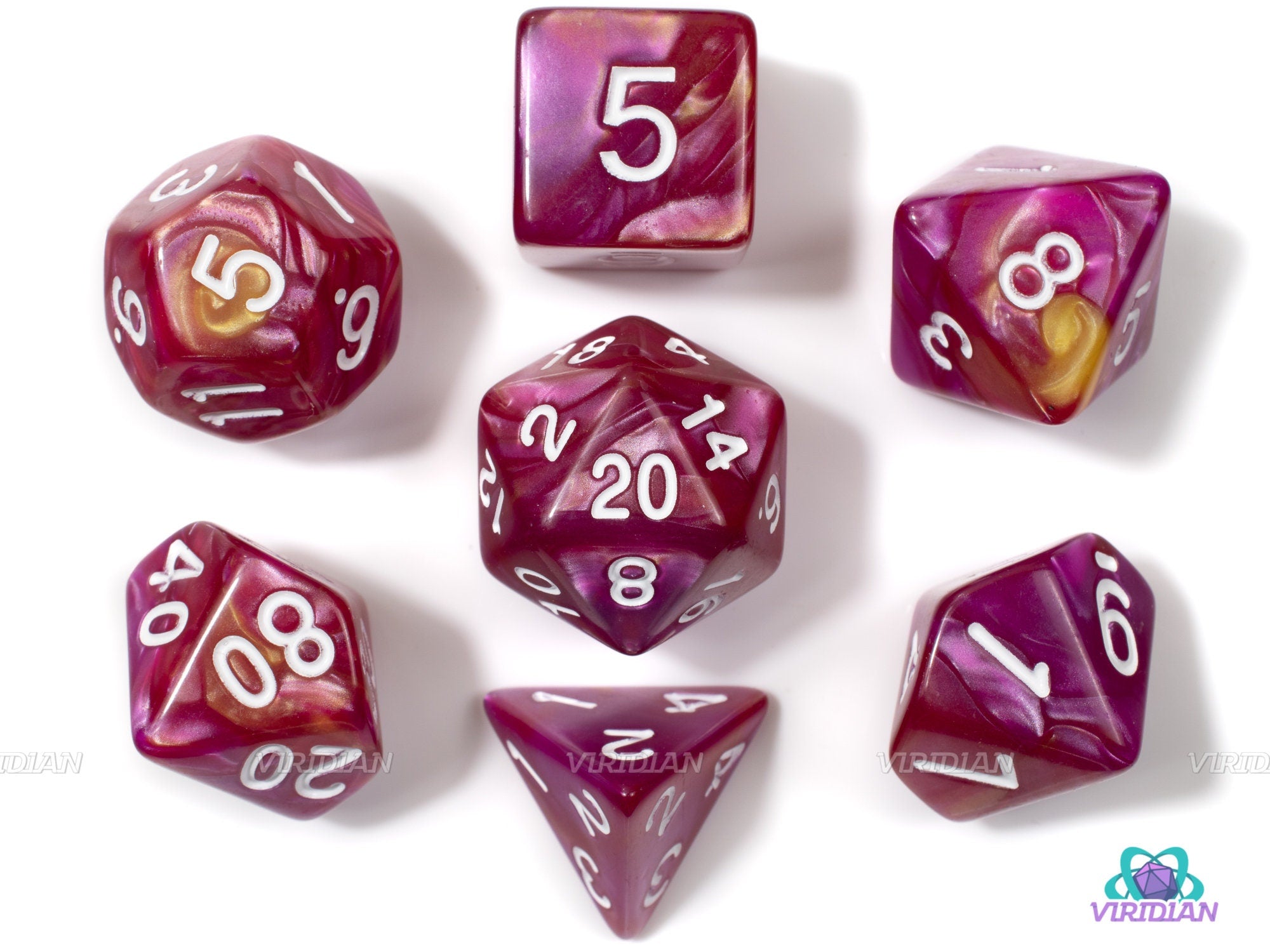 Beholder Hide | Red, Pink and Orange Swirled Acrylic Dice Set (7) | Dungeons and Dragons (DnD)