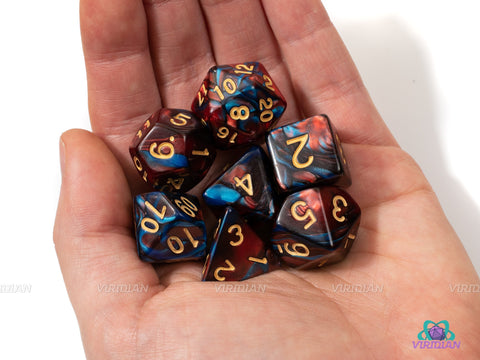 King's Retinue | Blue & Red Swirled Acrylic Dice Set (7) | Dungeons and Dragons (DnD)