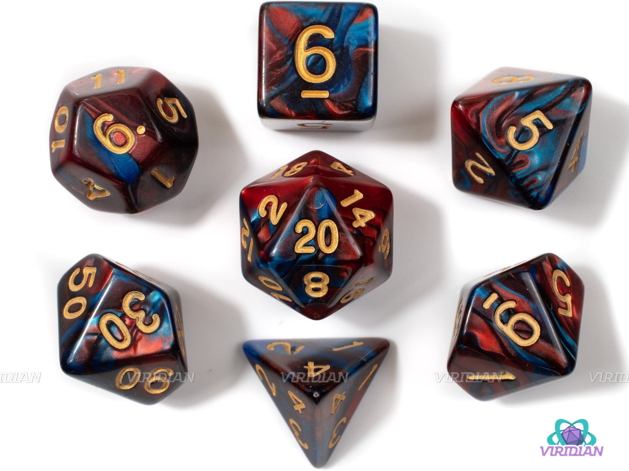 King's Retinue | Blue & Red Swirled Acrylic Dice Set (7) | Dungeons and Dragons (DnD)