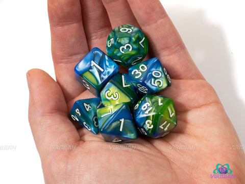 Algae Bloom | Blue & Green Swirled Acrylic Dice Set (7) | Dungeons and Dragons (DnD)