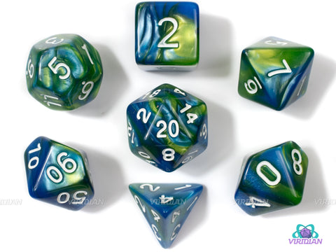 Algae Bloom | Blue & Green Swirled Acrylic Dice Set (7) | Dungeons and Dragons (DnD)