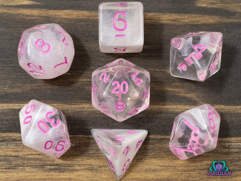 Love Potion | White & Pink Swirled Acrylic Dice Set (7) | Dungeons and Dragons (DnD)