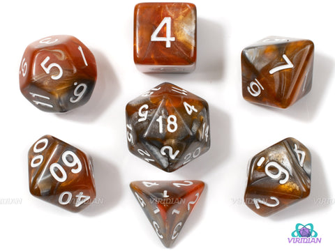 Warforged | Grey, Orange and Brown Swirled Acrylic Dice Set (7) | Dungeons and Dragons (DnD)