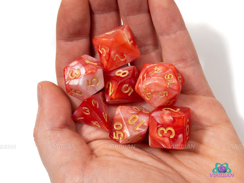 Strawberry Sundae | Red and White Swirled Acrylic Dice Set (7) | Dungeons and Dragons (DnD)