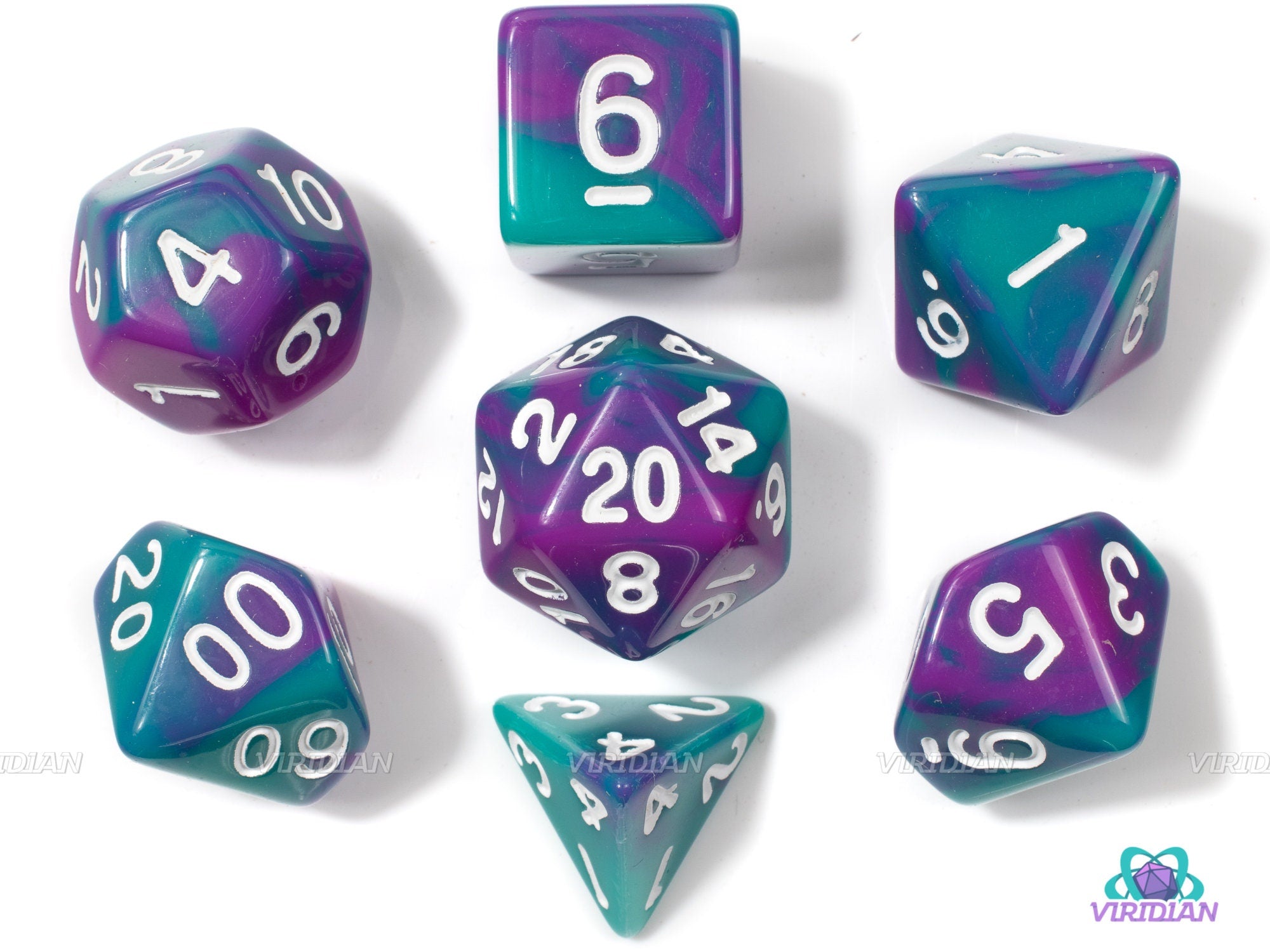 Hummingbird | Turquoise & Purple Swirled Acrylic Dice Set (7) | Dungeons and Dragons (DnD)