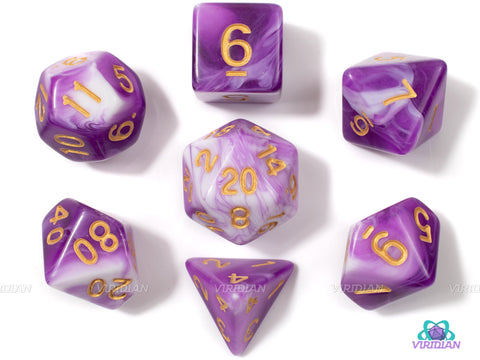 Cineraria | Purple and White Swirled Acrylic Dice Set (7) | Dungeons and Dragons (DnD)