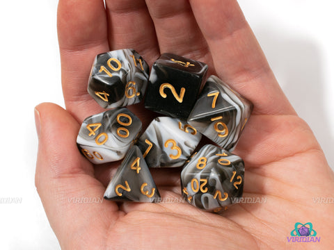 Half Moon | Black & White Swirled Acrylic Dice Set (7) | Dungeons and Dragons (DnD)