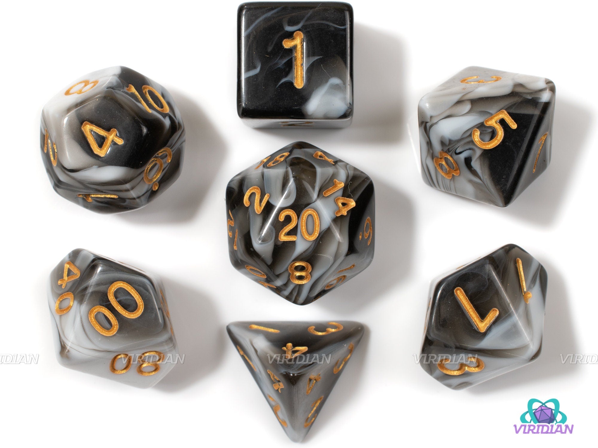 Half Moon | Black & White Swirled Acrylic Dice Set (7) | Dungeons and Dragons (DnD)