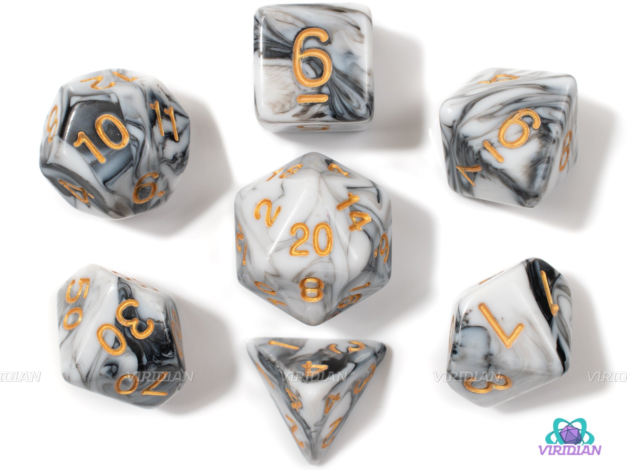 Marbled | Black & White Swirled Acrylic Dice Set (7) | Dungeons and Dragons (DnD)