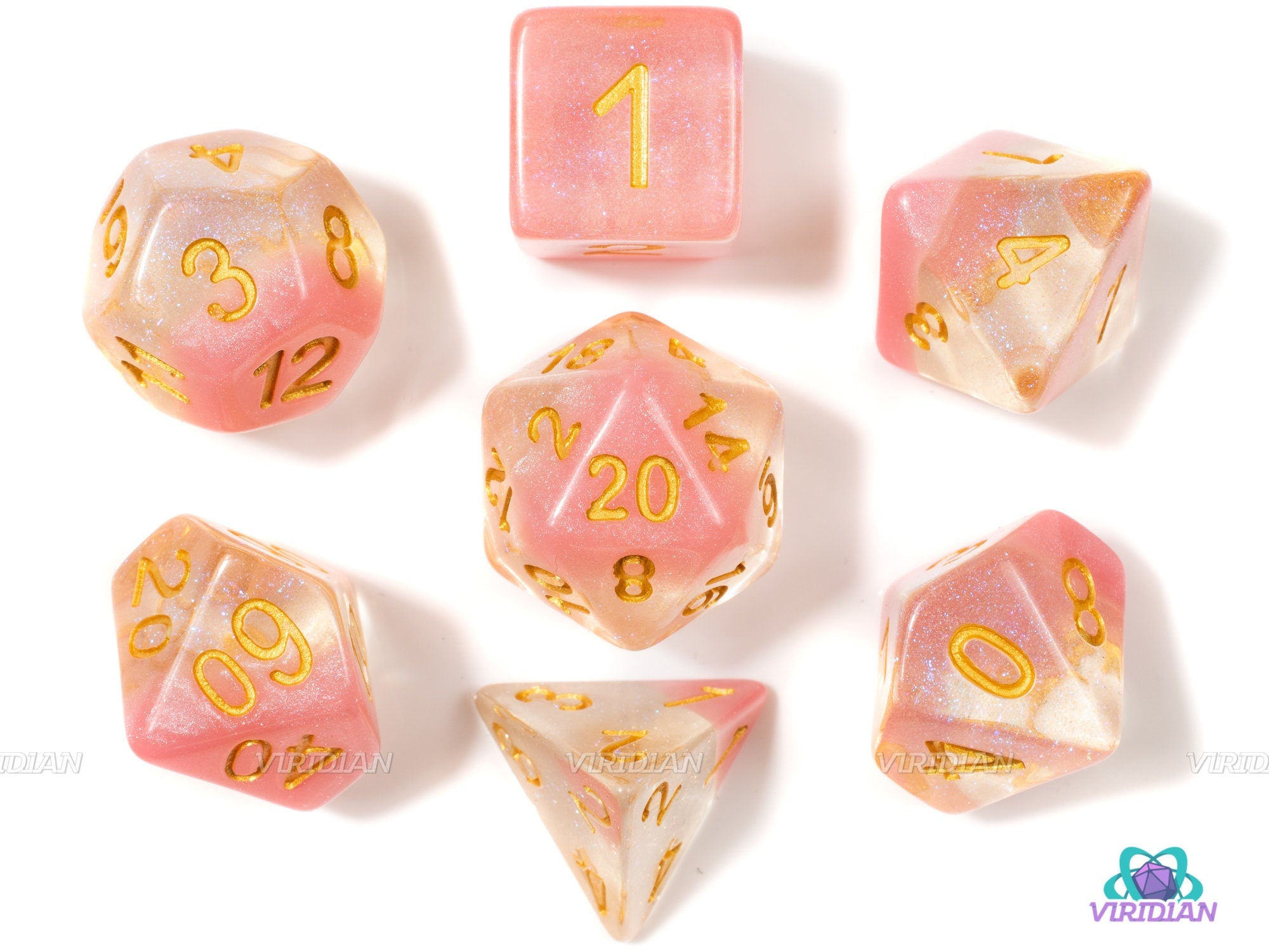 Quartz | Pink Glitter Transparent Acrylic Dice Set (7) | Dungeons and Dragons (DnD)