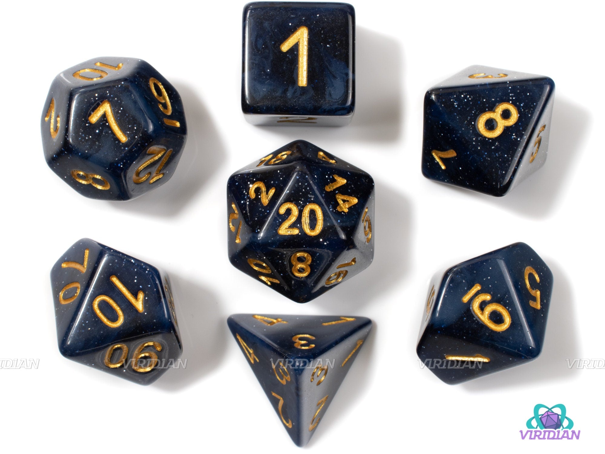 Blue Metallic Dice Set With Black Enamel - 7 Piece Polyhedral RPG Gaming Dice