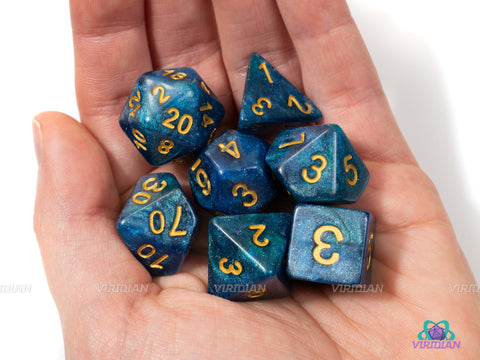 Beau's Threads | Blue & Green Galaxy Swirled Acrylic Dice Set (7) | Dungeons and Dragons (DnD)