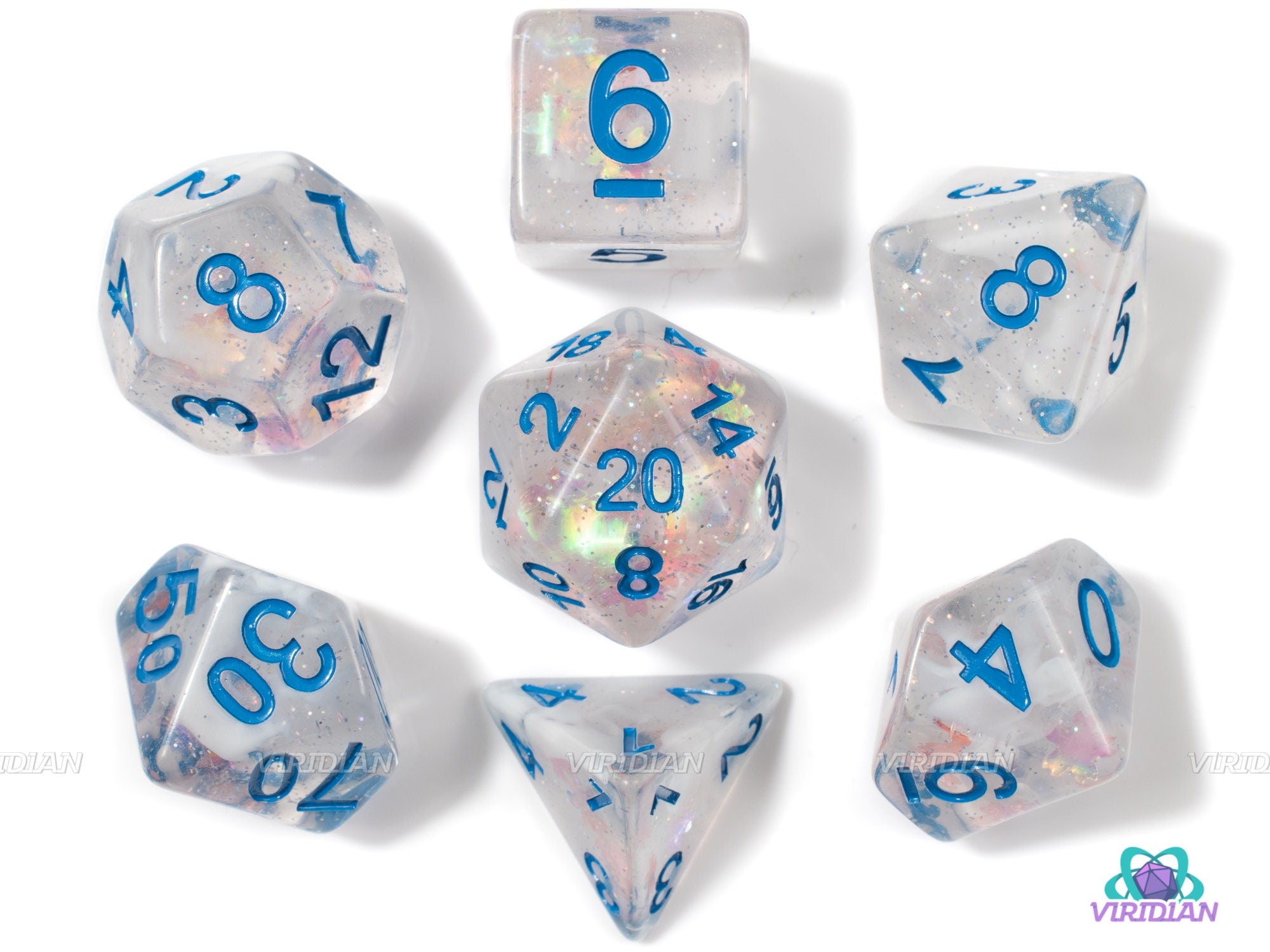 Ice Shard | Blue Iridescent Translucent Glitter Acrylic Dice Set (7) | Dungeons and Dragons (DnD)