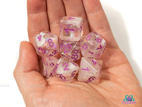 Pink Notes | Translucent Glitter Acrylic Dice Set (7) | Dungeons and Dragons (DnD)