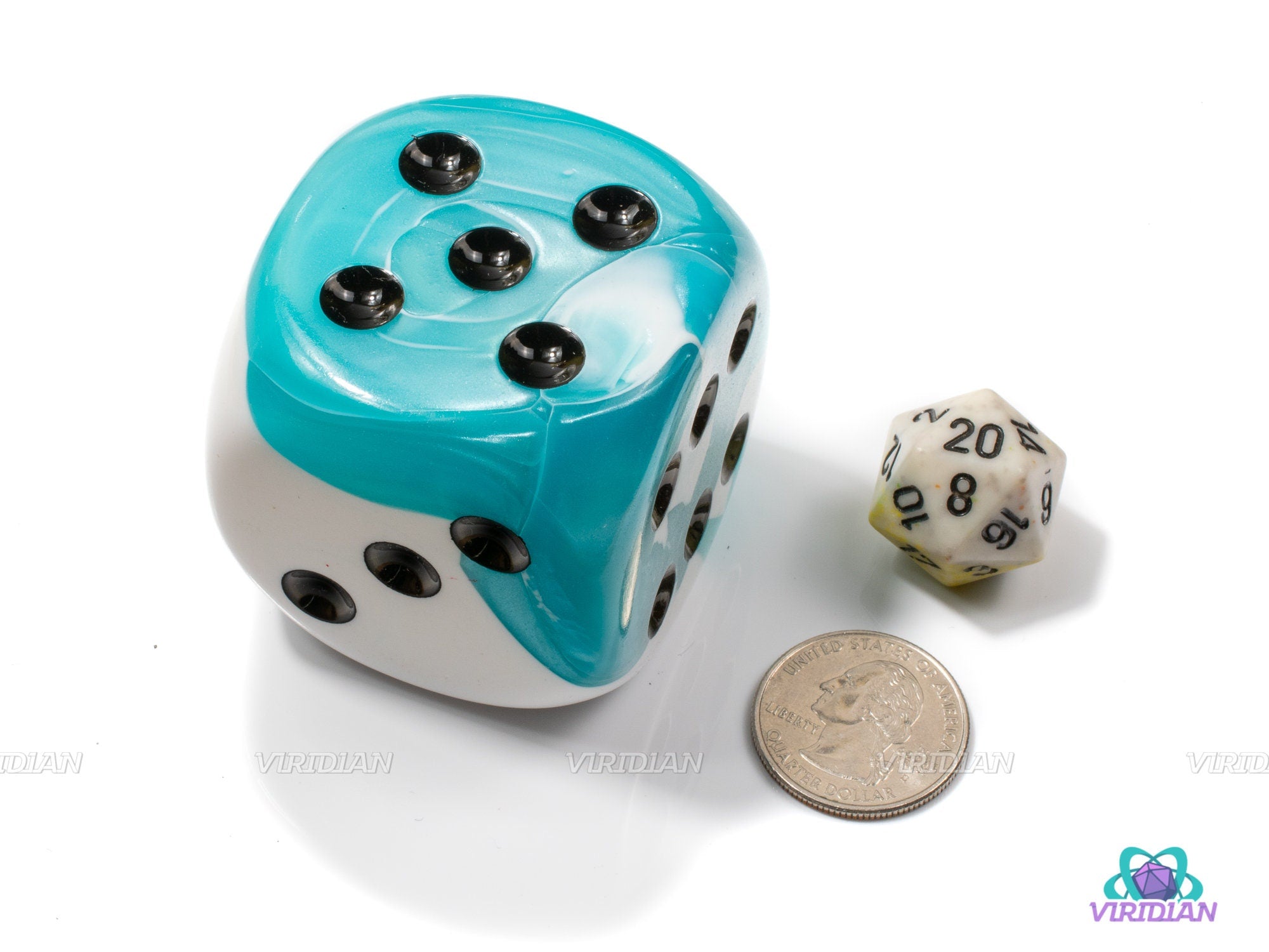 Gemini Teal/White & Black | 50mm Large Acrylic Pipped D6 Die (1) | Chessex