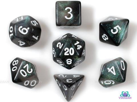 Emerald Aurora (White) | Deep Green & Black Glitter Acrylic Dice Set (7) | Dungeons and Dragons (DnD)