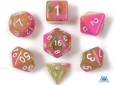 Apple Taffy | Pink & Yellow Swirled Glitter Acrylic Dice Set (7) | Dungeons and Dragons (DnD)