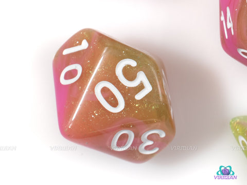 Apple Taffy | Pink & Yellow Swirled Glitter Acrylic Dice Set (7) | Dungeons and Dragons (DnD)