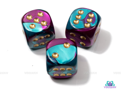 Gemini Purple-Teal/Gold | 30mm Large Acrylic Pipped D6 Die (1) | Chessex