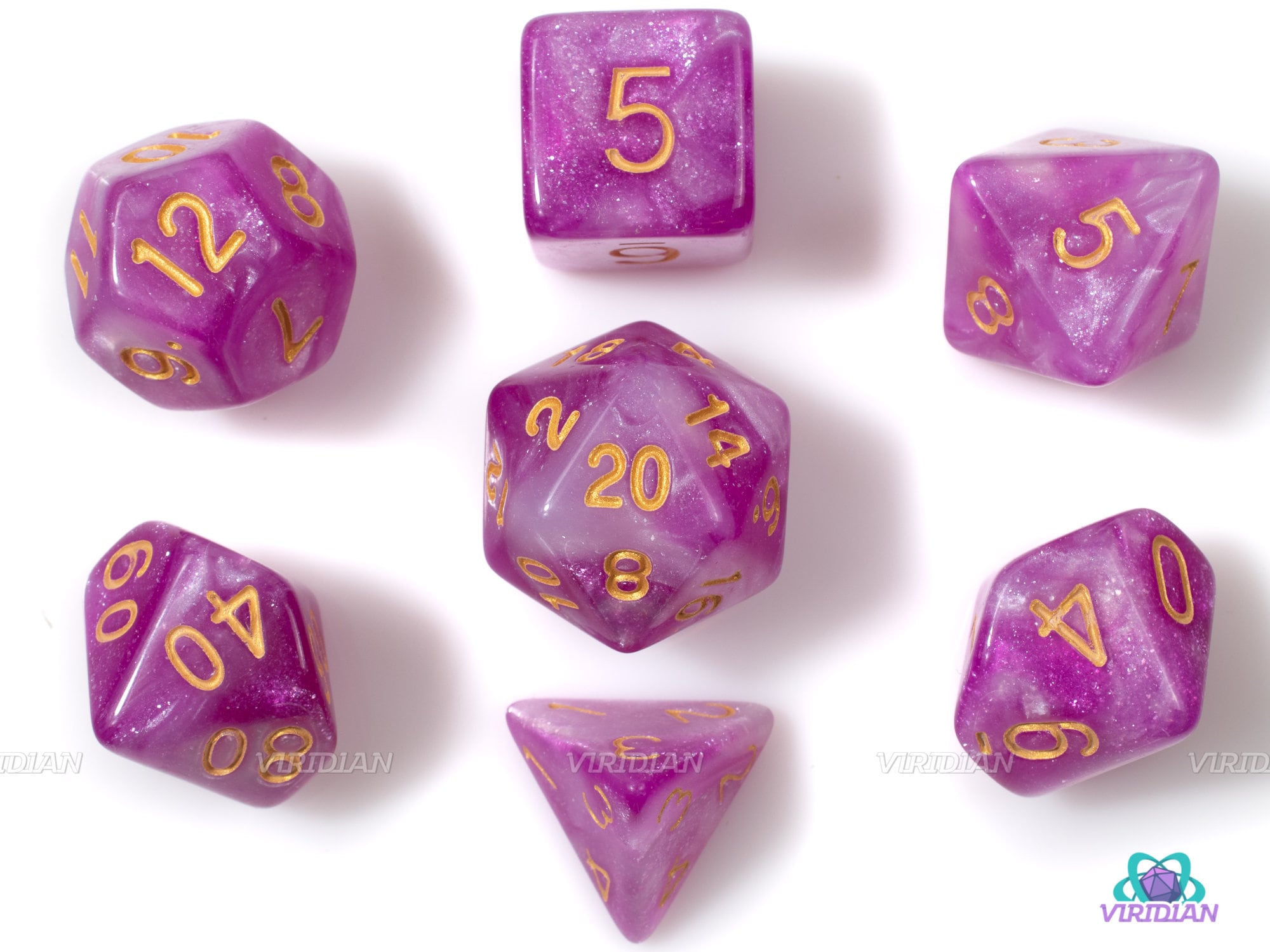 Bardic Love | Pink, Whie Swirled, Glittery Acrylic Dice Set (7) | TTRPG Dnd Polyhedral Set