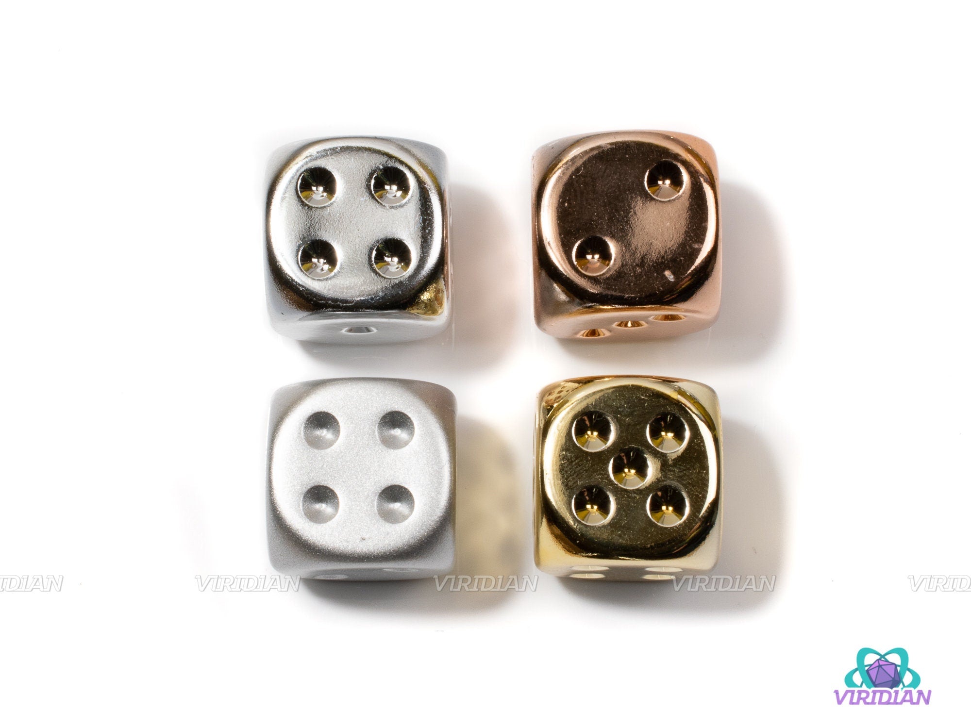 Metal Plated Pipped D6's | Set of (4) 16mm D6s, Acrylic Core | Gold, Aluminum, Silver, Copper | Chessex