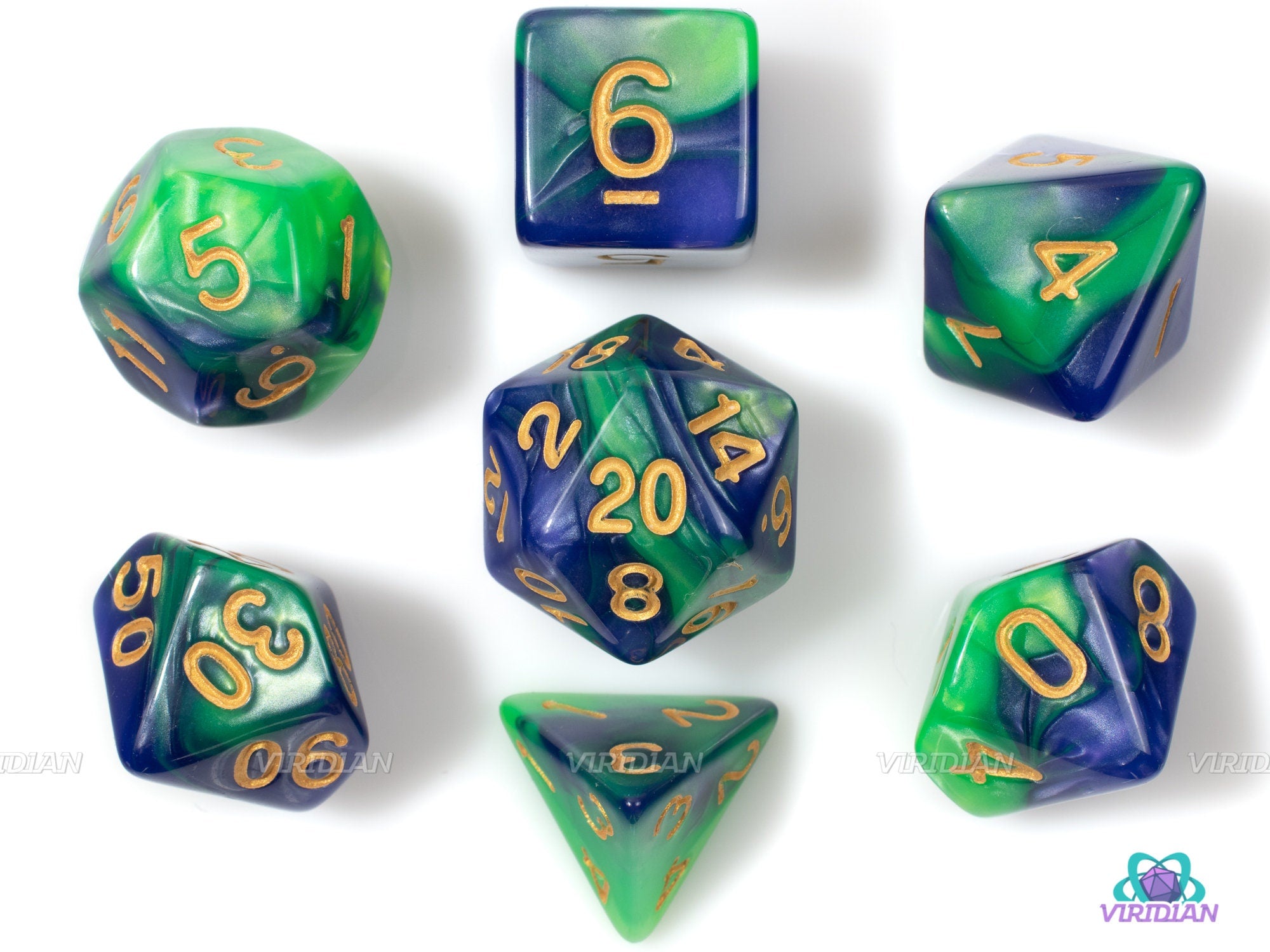 Tropical Slime | Green & Blue Swirled Acrylic Dice Set (7) | Dungeons and Dragons (DnD)