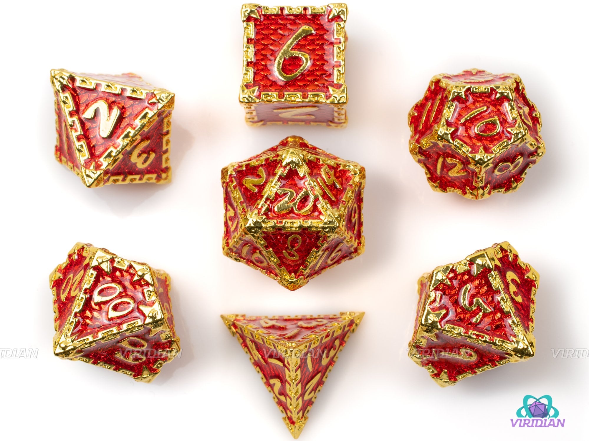 Ken's Vengeance | Red Scales with Gold Chain Design | Oversized Metal Dice Set (7) | D&D Dnd TTRPG