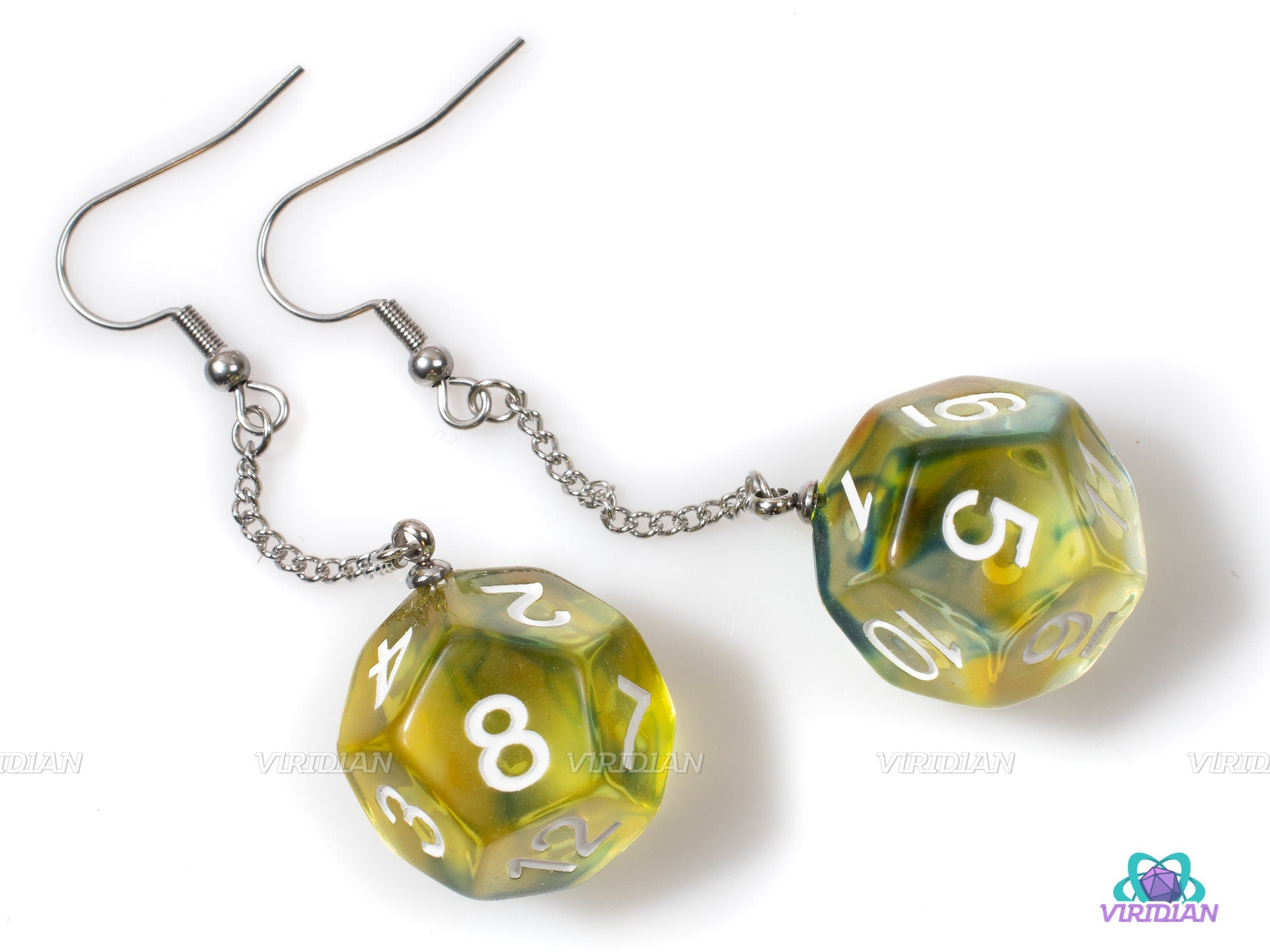 D12 Pendant Earrings | Yellow, Green-Blue, Clear Swirls | Resin D12 Dice Jewelry