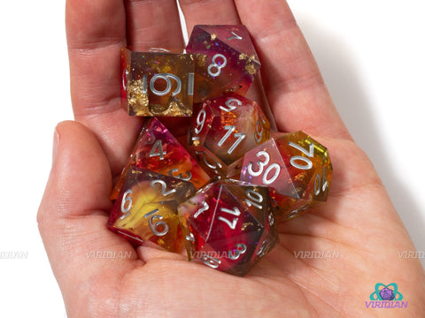 Delicious Pie +1 | Sharp-Edged w/ Foil | Pink, Yellow Translucent, Glittery Resin Dice Set (7)